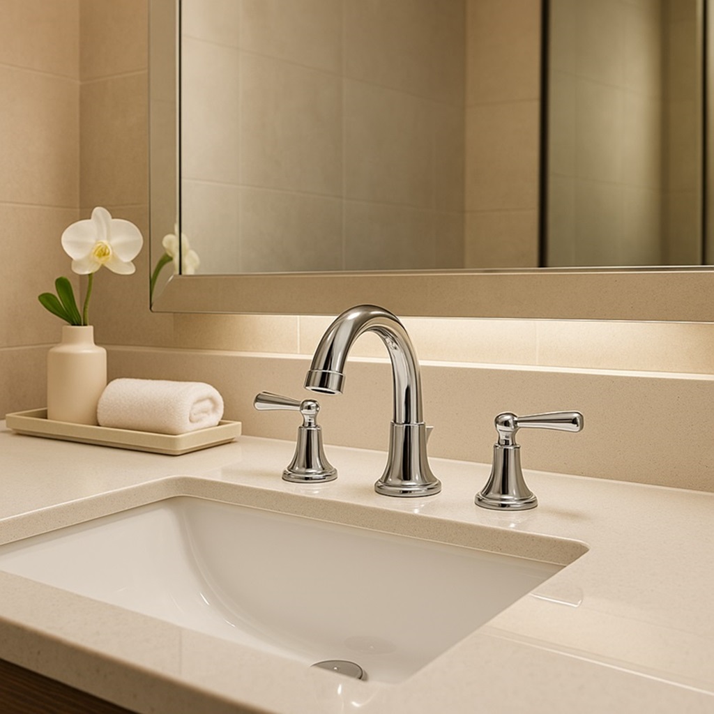 Chrome three hole widespread bathroom faucet set on a stone countertop in a hotel guest bathroom
